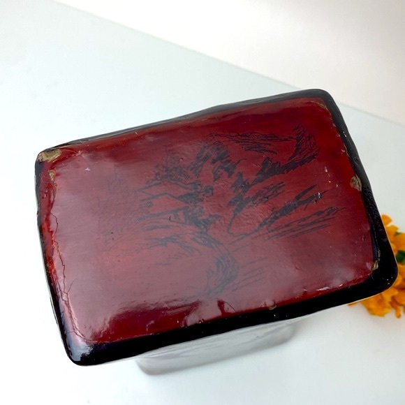 Chinese lacquered pillow Vintage Asian mountain and tree print design - Picture 6 of 16